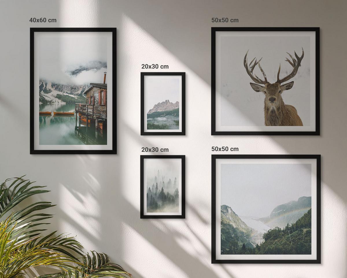 BILDER SET 5er Set - 50x50 cm & 20x30 cm & 40x60 cm Schwarzer Rahmen - Berge, See, Hirsche, Hütte, Nebel - Schwarz, Kunststoff (40/60cm) - TULUP
