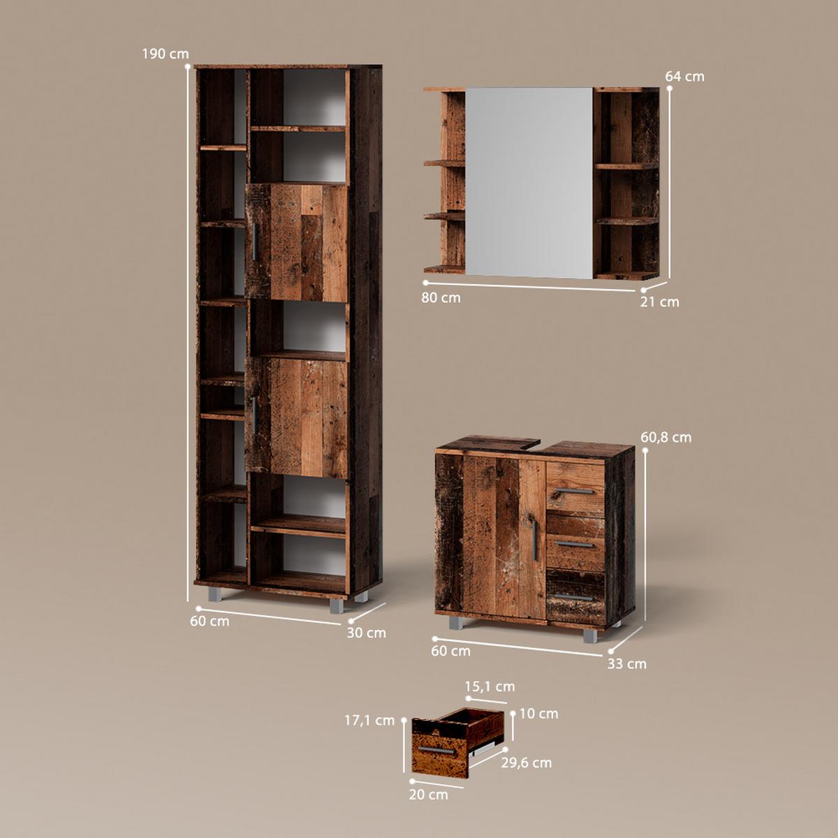 BADMÖBEL-SET Eisak Eiche rustikal 3 Teile, mit Unterschrank 60 cm - Wildeiche, Holzwerkstoff (60/60/33cm) - Livinity®