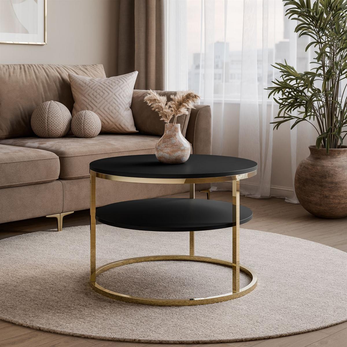 CIRI MAT Couchtisch mit Ablage und Gestell in Goldchrom Schwarz matt - Goldfarben/Schwarz, Holzwerkstoff (70/70/49cm) - Lookway