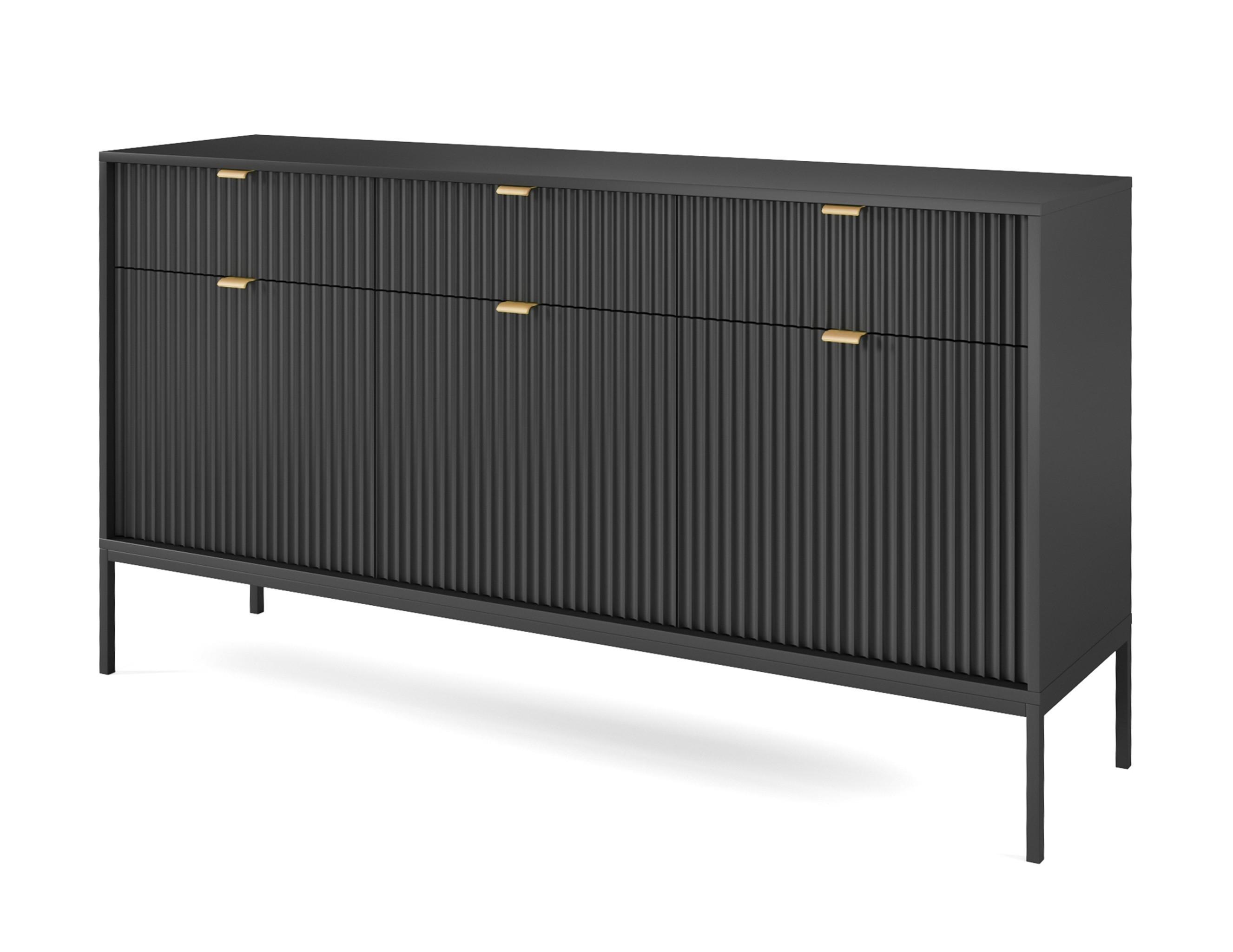 SIDEBOARD Eternas 3T 3S Schwarz 154/83/39 cm – schwarze Füße, mit geriffelten Fronten - Schwarz, Holzwerkstoff (154/83/39cm) - AX Living