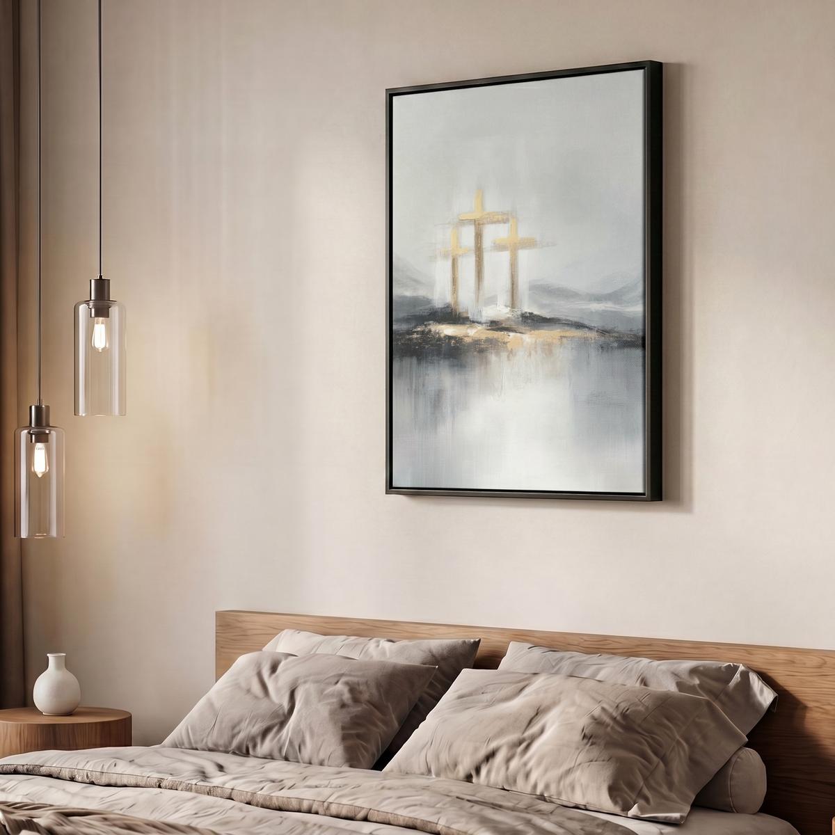 LEINWAND Bilder mit Rahmen - Abstrakt - Malerei - Christentum - Kreuz - 60x80 - Weiß, Textil (60/80cm) - MuchoWow