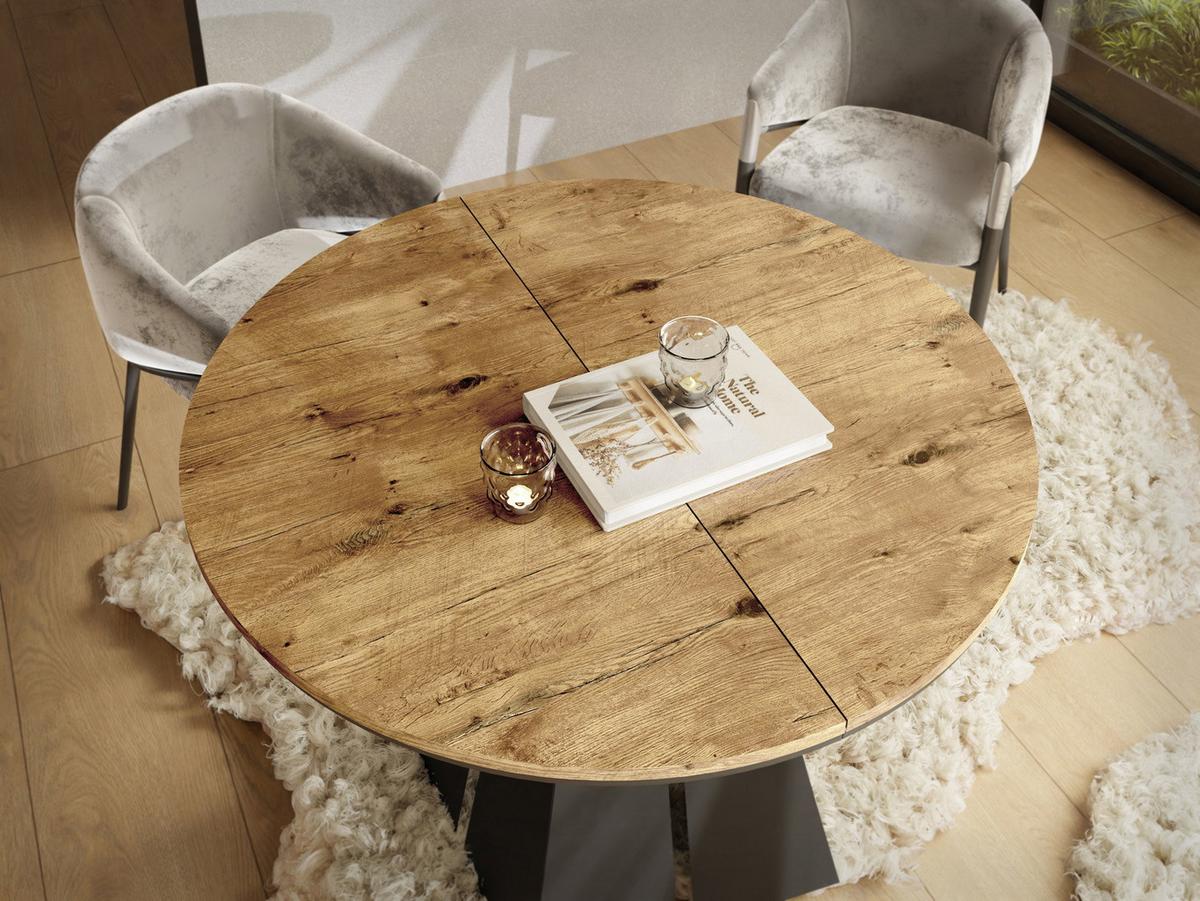 ESSTISCH Kova runder ausziehbarer, Lancelot Eiche 120-200/120/76 cm - Eichefarben/Schwarz, Holzwerkstoff/Metall (120/196/76cm) - WFL GROUP