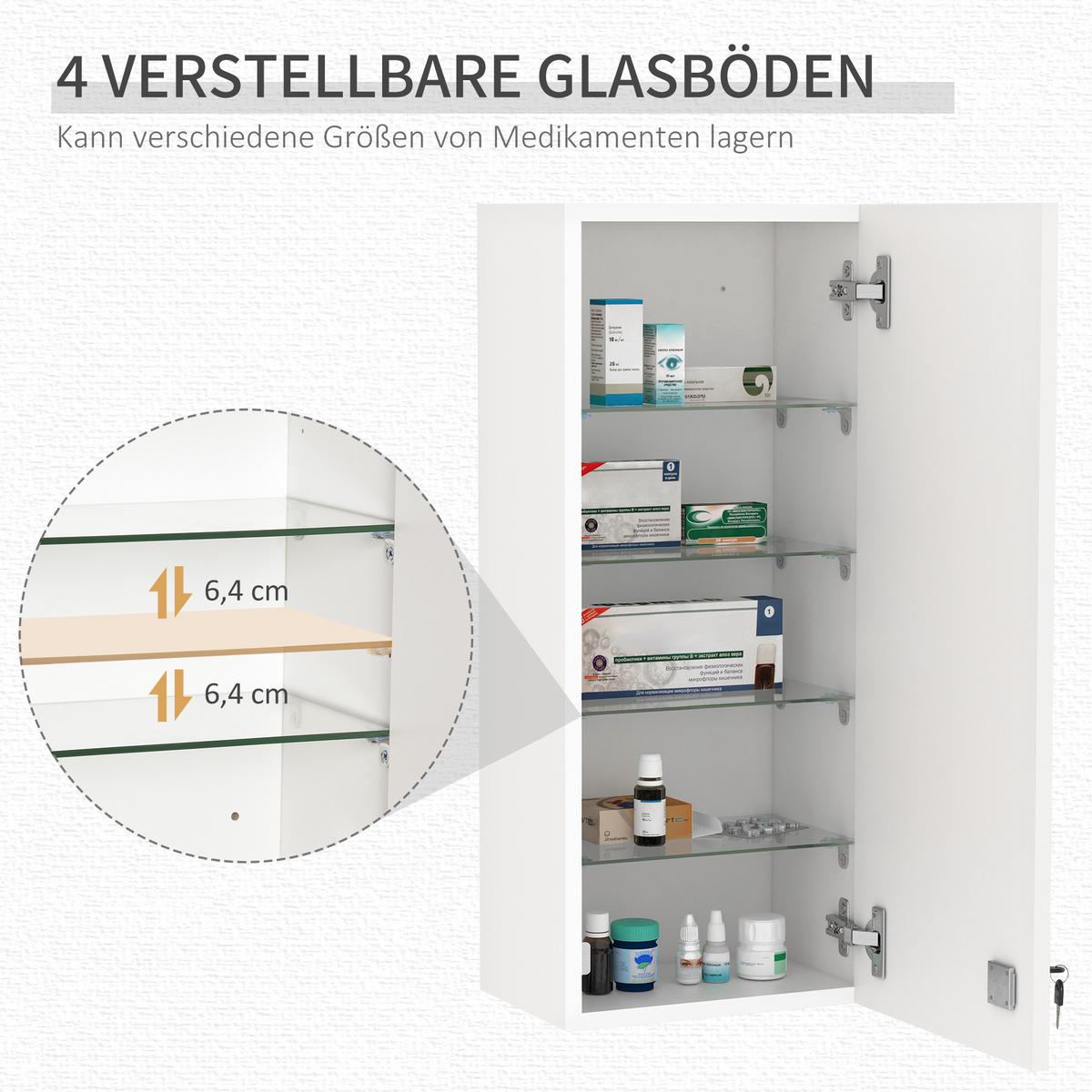 MEDIZINSCHRANK Arzneischrank mit Ablage abschließbarer Hängeschrank Weiß - Weiß, Glas (20/70/30cm) - Kleankin