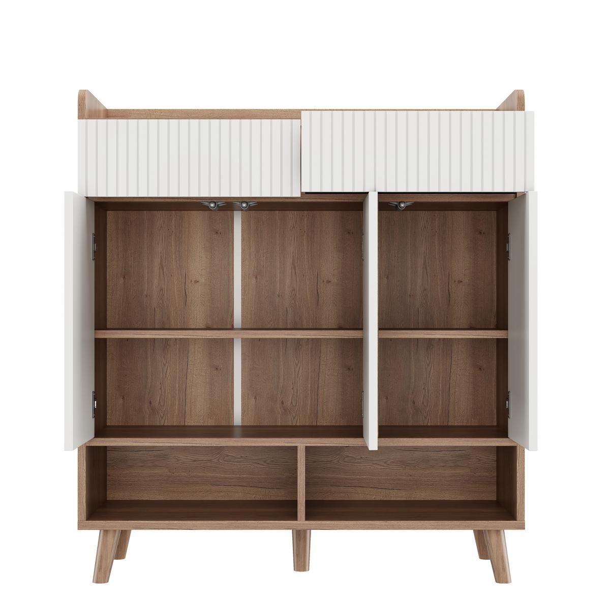 SCHUHSCHRANK weiß & holzoptik, 3 türen & 2 schubladen mit rillendesign - Naturfarben, Holzwerkstoff (90/100/35cm) - Urban Meuble