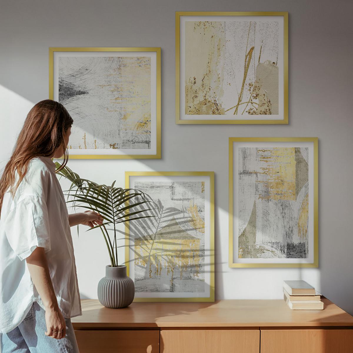 BILDER SET 4er Set - 50x50 cm & 40x60 cm Goldrahmen - Abstrakte minimalistische Muster - Goldfarben, Kunststoff (50/50cm) - TULUP