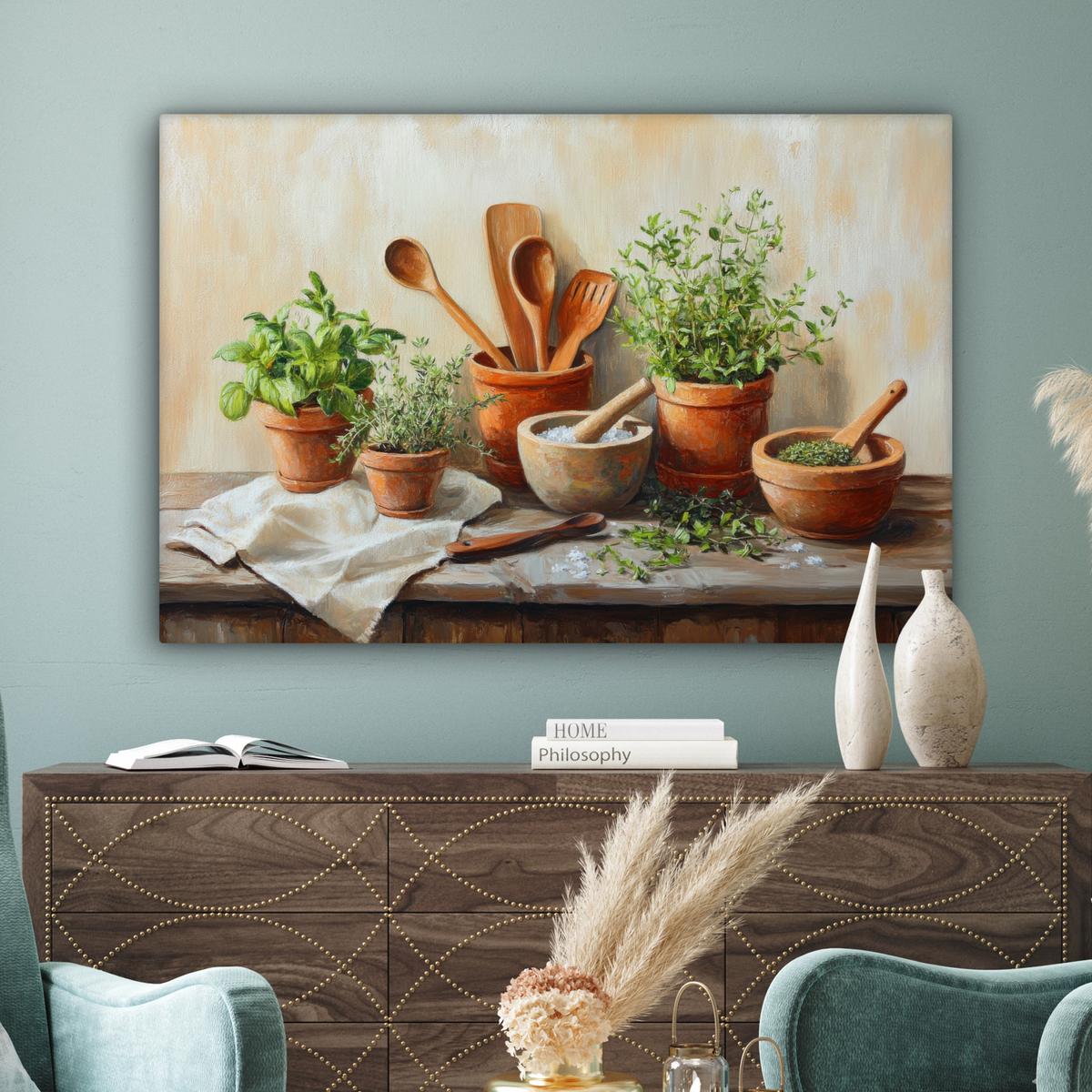 LEINWANDBILD Töpfe - Kräuter - Holz Groß 140x90 cm - Terracotta, Textil (140/90cm) - MuchoWow