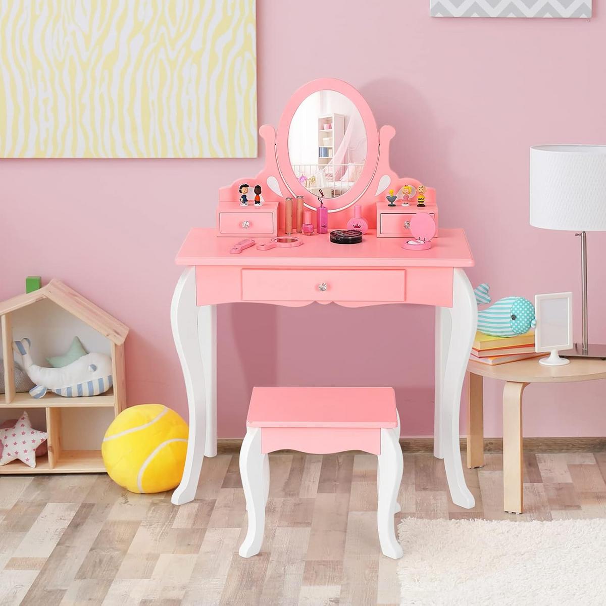 KINDER SCHMINKTISCH mit Hocker Pink - Pink, Holz (70/100/34cm) - COSTWAY