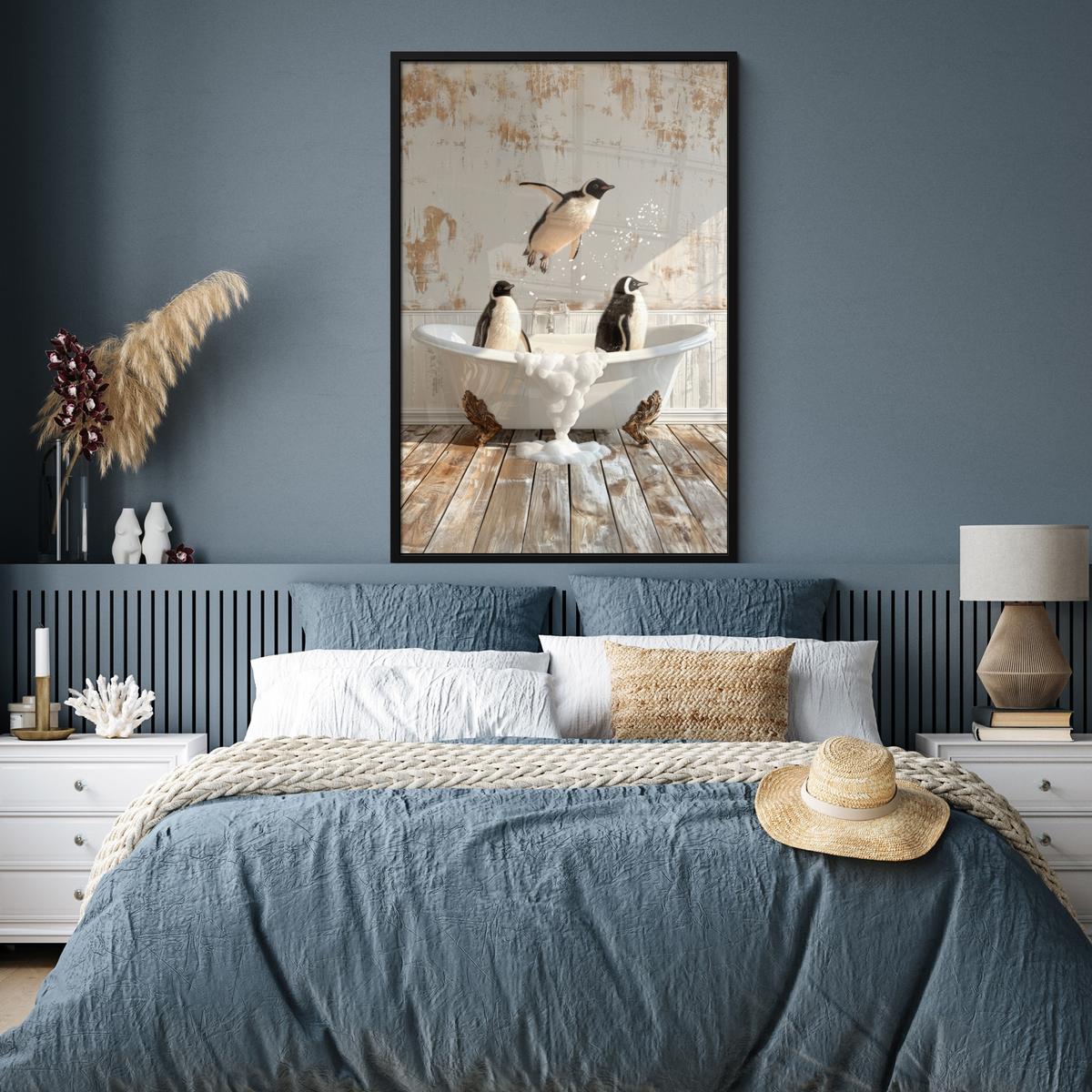POSTER MIT RAHMEN Vintage - Pinguin - Badewanne - Schaumstoff Bilderleiste 80x120 cm - Schwarz, Papier (80/120cm) - MuchoWow