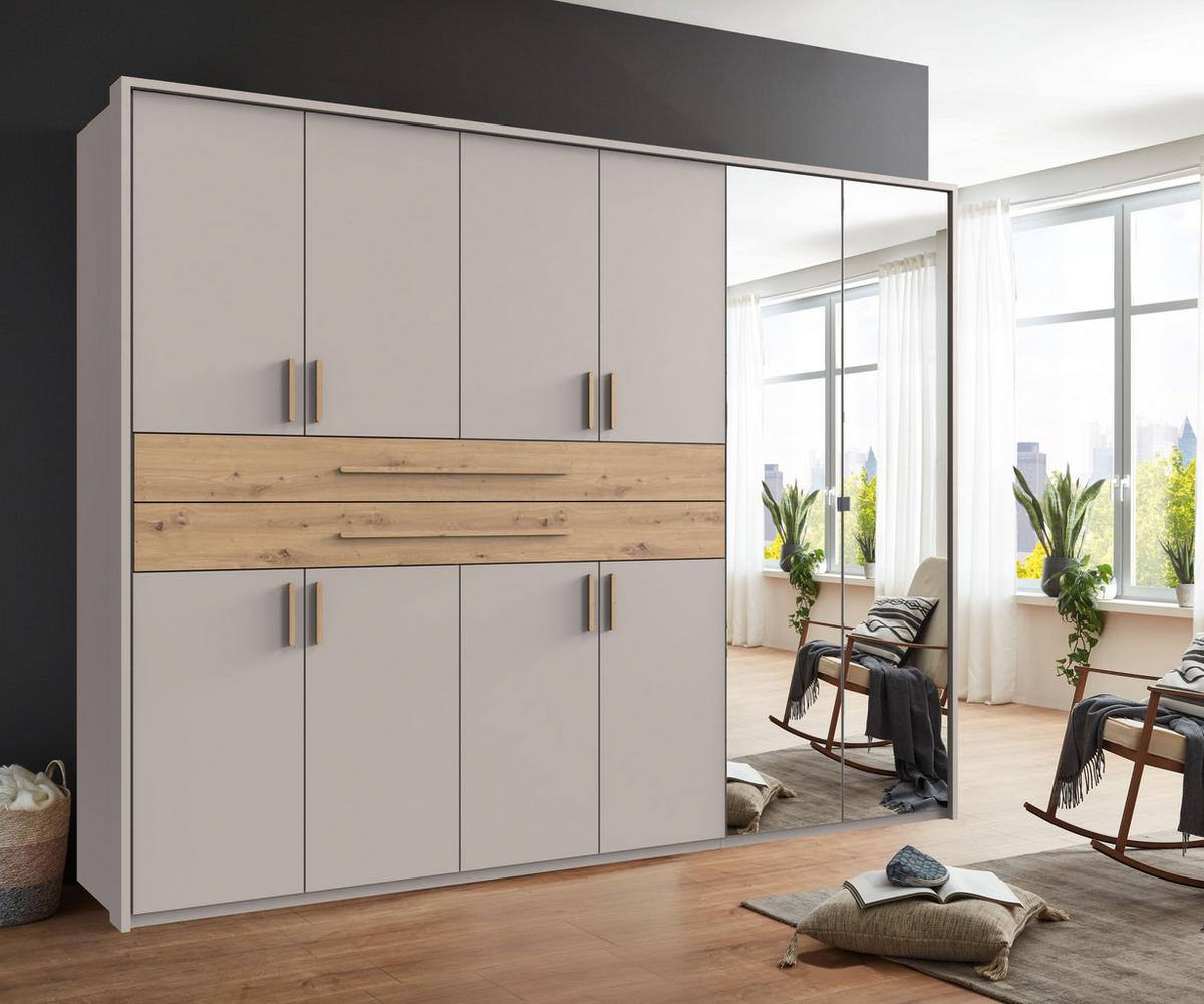 DREHTÜRENSCHRANK B273/H210/T58 cm Beige Grau, Kleiderschrank m. Passepartout, 2 Spiegel, 2 Schubkästen & Griffen in Eiche Artisan Dekor / 22651 - Greige/Eiche Artisan, Holzwerkstoff/Kunststoff (273/210/58cm) - luma-home