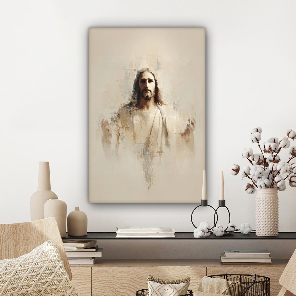 LEINWANDBILD Porträt - Abstrakt - Jesus - Beige Wanddeko Schlafzimmer 60x90 cm - Beige, Textil (60/90cm) - MuchoWow