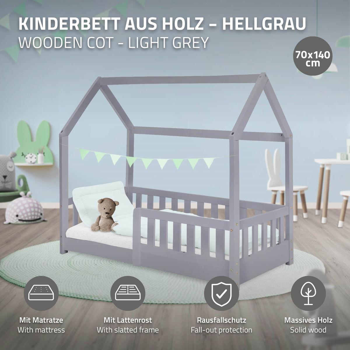 KINDERBETT mit Dach und Matratze 70x140 cm Hellgrau - Hellgrau, Holz (70/140cm) - ML-DESIGN