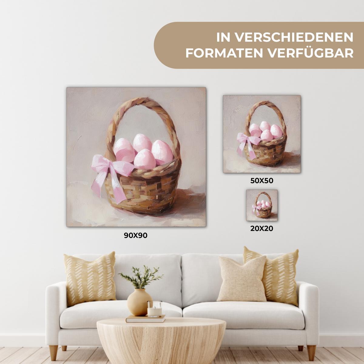 LEINWANDBILD Korb - Eier - Rosa Wandbild Wohnzimmer 50x50 cm - Beige, Textil (50/50cm) - MuchoWow