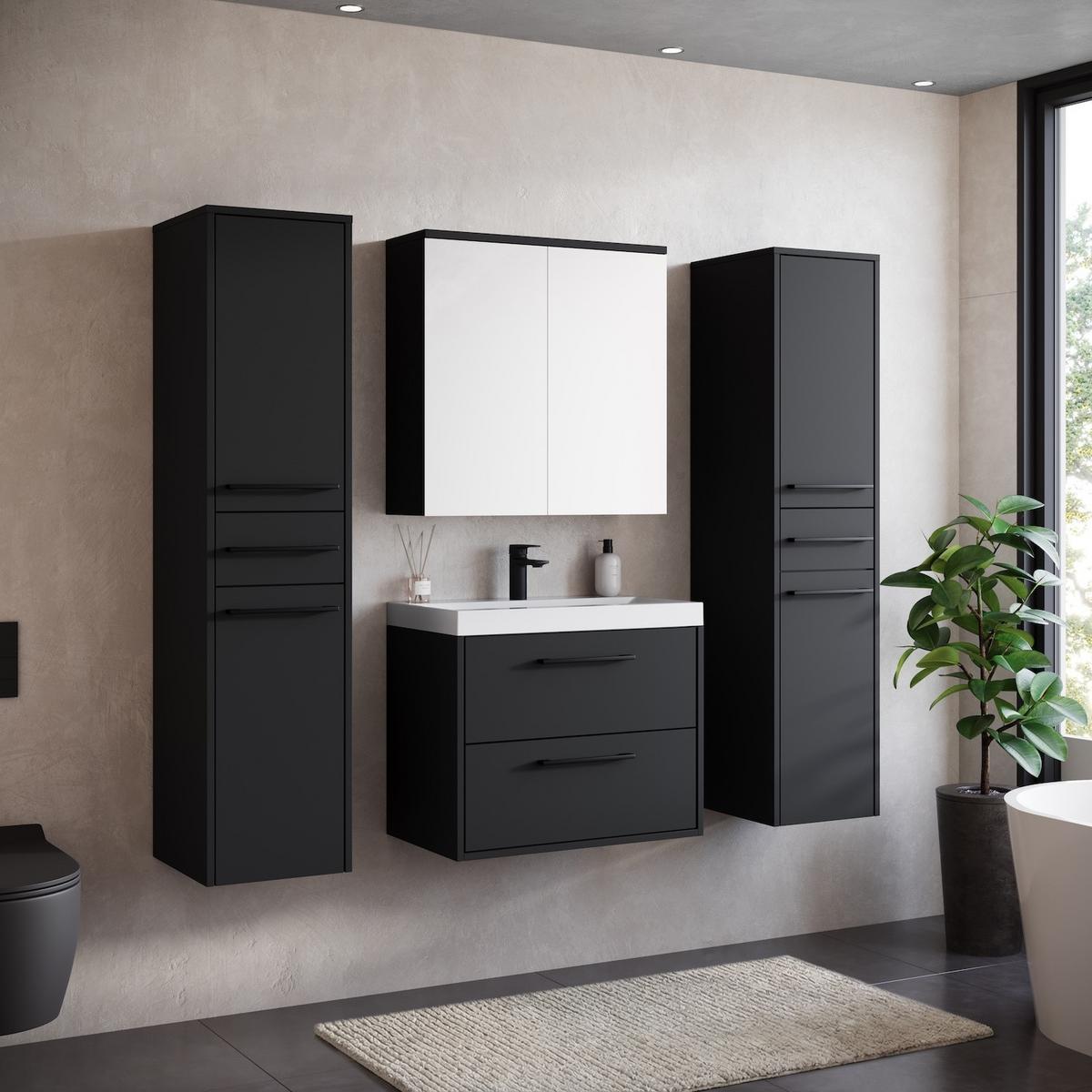 BADMÖBEL-SET Florence 5 Teile Schwarz Matt - 60 x 35 x 51 cm - Schwarz, Holz (60/51/35cm) - Badplaats