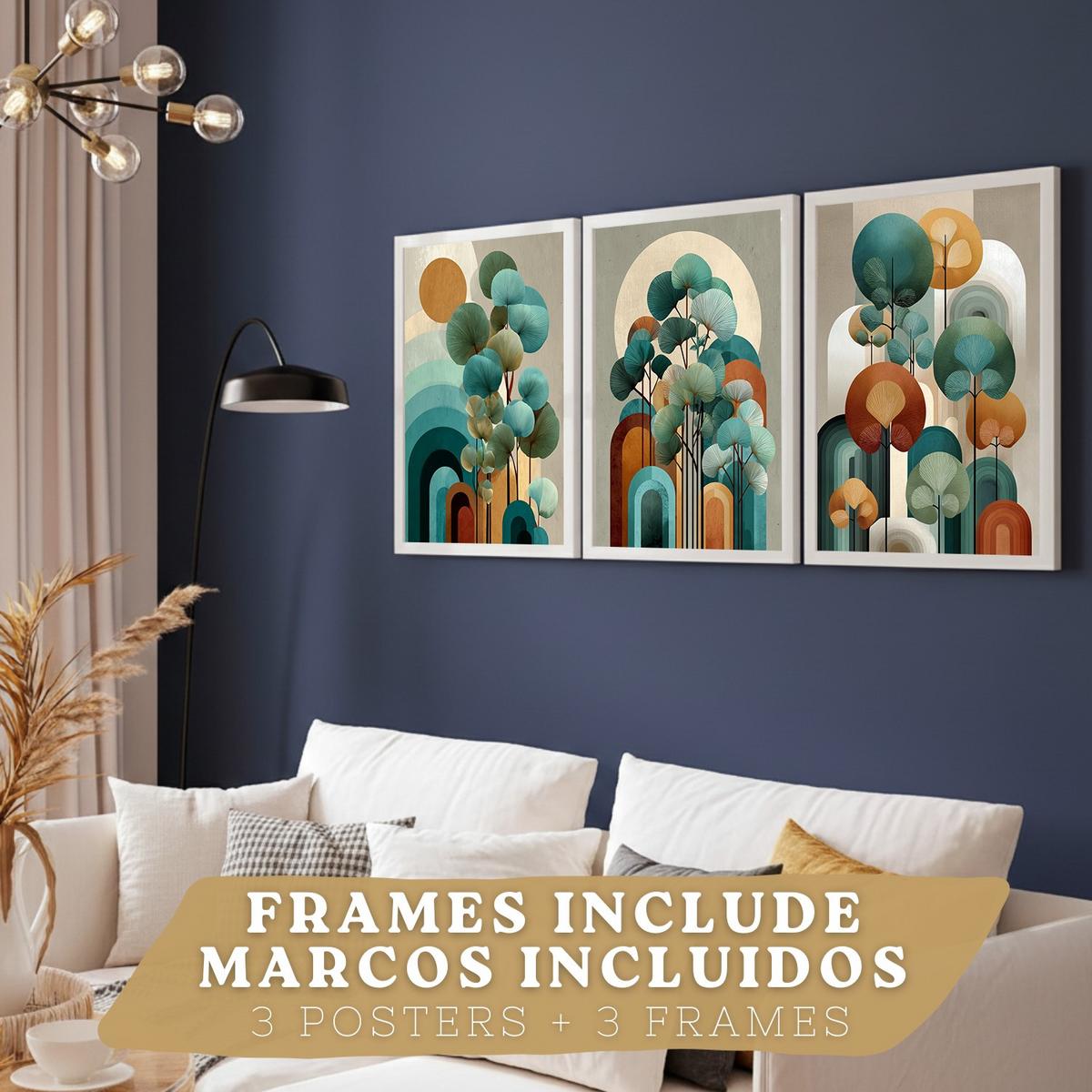 POSTER 3er Kunstdruck-Set Wandbilder Floral Abstrakt Blau Türkis modern Wohnzimmer Deko, Schlafzimmer, Küche, Badezimmer Weißer Rahmen A3 - Weiß, Papier (29.7/1/42cm) - Nacnic