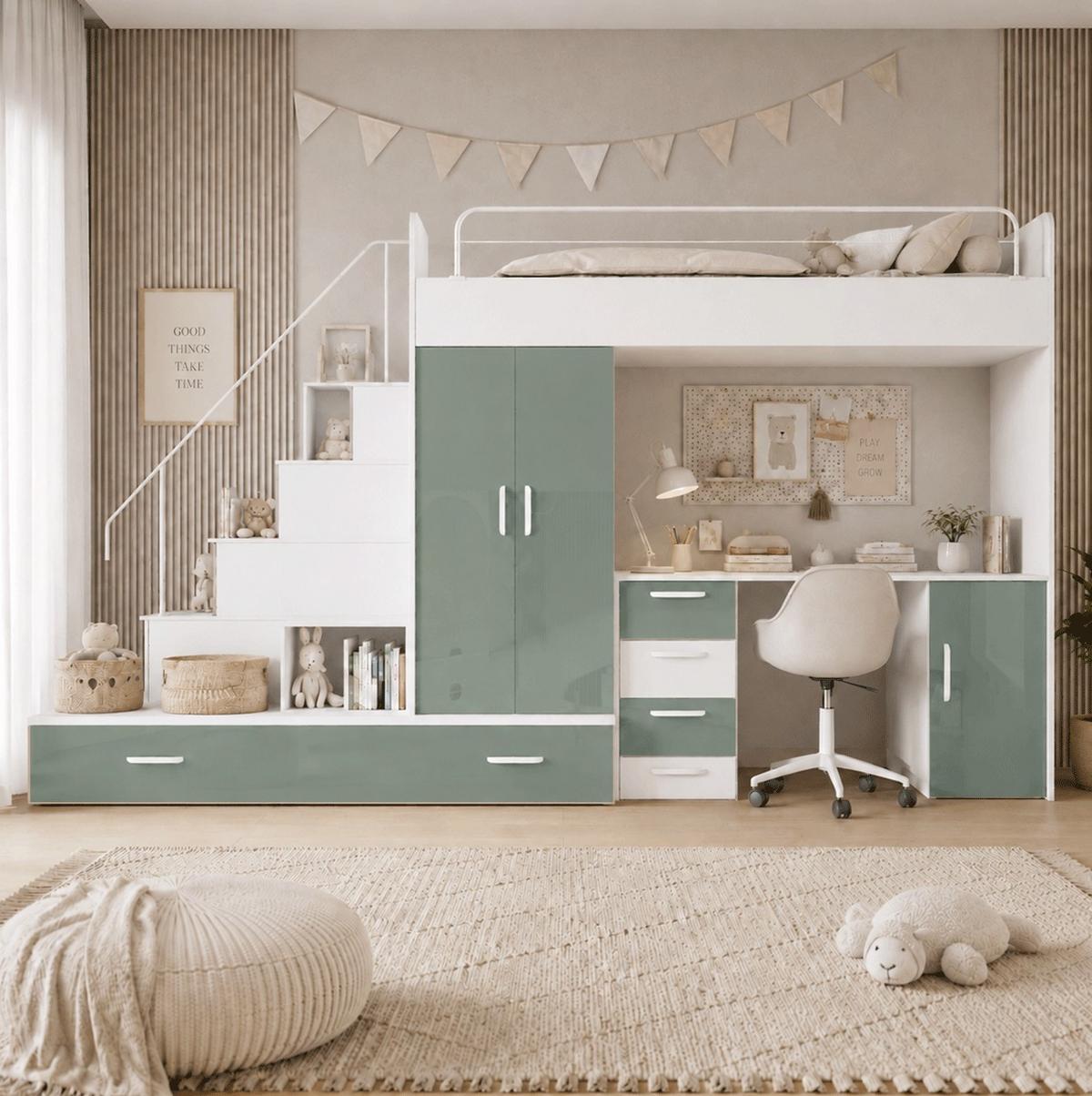 WEISSES Kinderset RAJ 5, Hochglanz - Weiß/Mintgrün, Holzwerkstoff (320/180/86cm) - Lookway