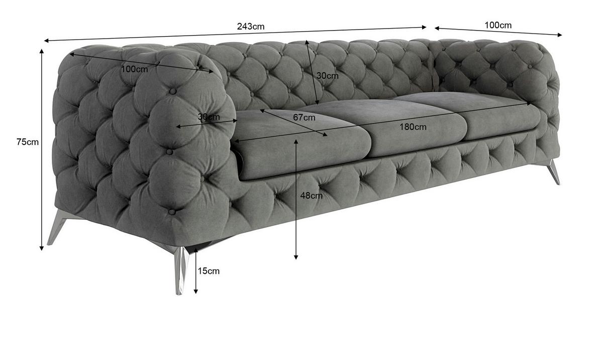 CHESTERFIELD-SOFA 3-Sitzer Laura Grau Samt - Silberfarben/Grau, Holz/Textil (243/75/100cm) - S-Style Möbel