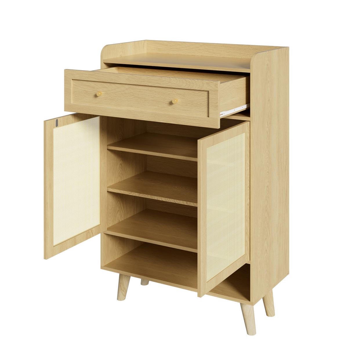 SCHUHSCHRANK Rattan Optik Eiche Hell mit Schublade & 2 Türen - Eichefarben, Holzwerkstoff (80/105/35cm) - Urban Meuble