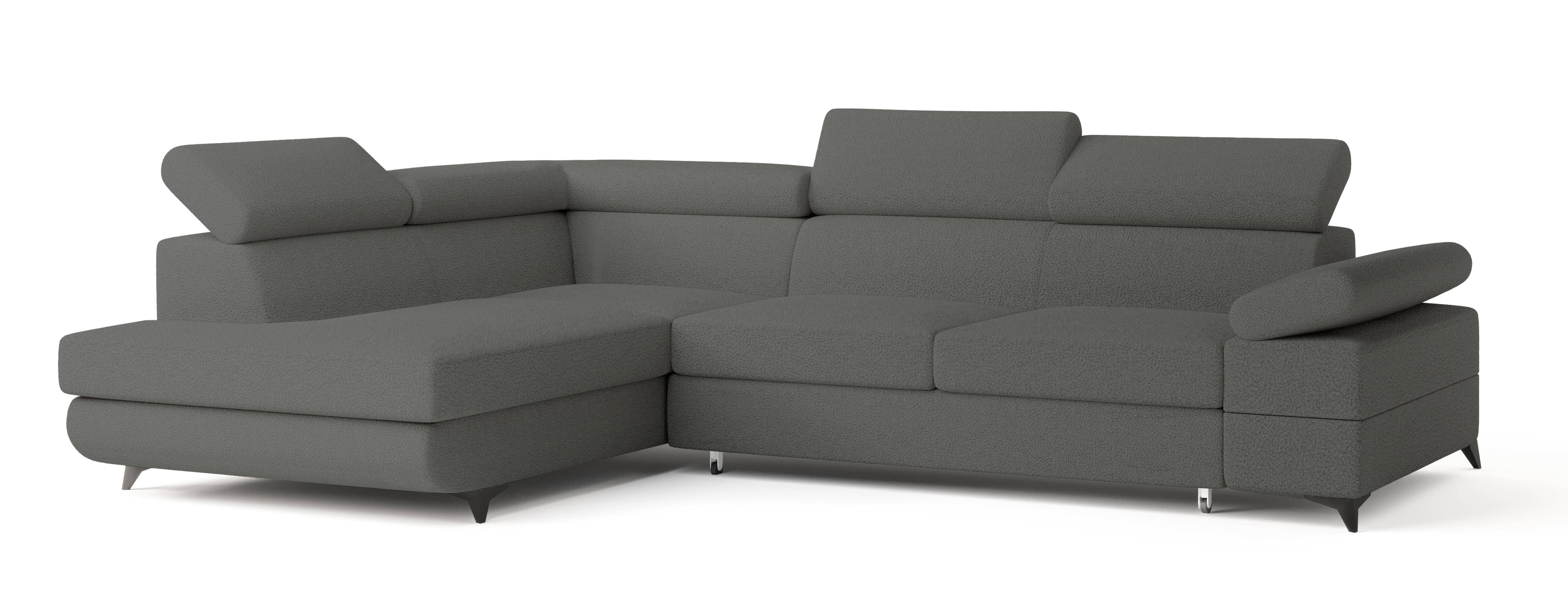 ECKSOFA FAVIEN L-S Grau Boucle-Stoff mit Schlaffunktion - Grau, Holz (257/190cm) - MASSENO