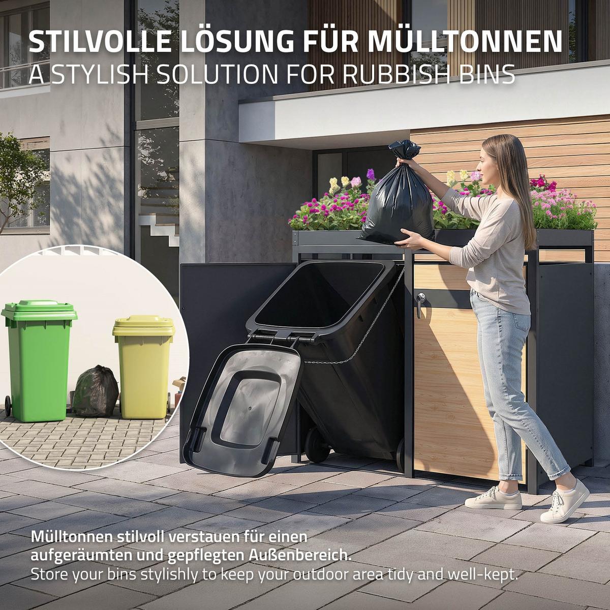 MÜLLTONNENBOX 4er mit Pflanzdach Anthrazit-Holzoptik - Hellbraun, Metall (264/124/80cm) - ML-DESIGN