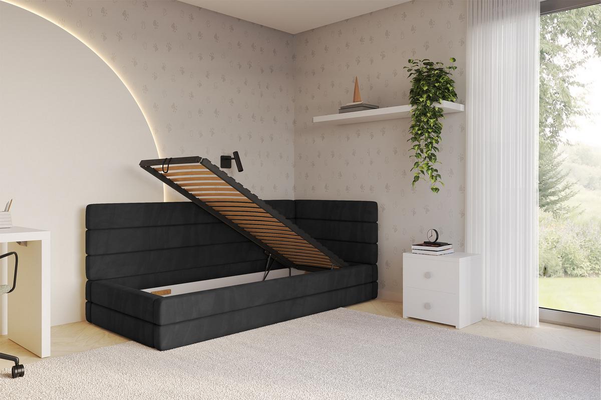EINZELLBETT Jugendbett mit Bettkasten und Matratze H3/H4, Links - BEMY 80x200 Schwarz - Schwarz, Holzwerkstoff/Textil (80/200cm) - ALTDECOR