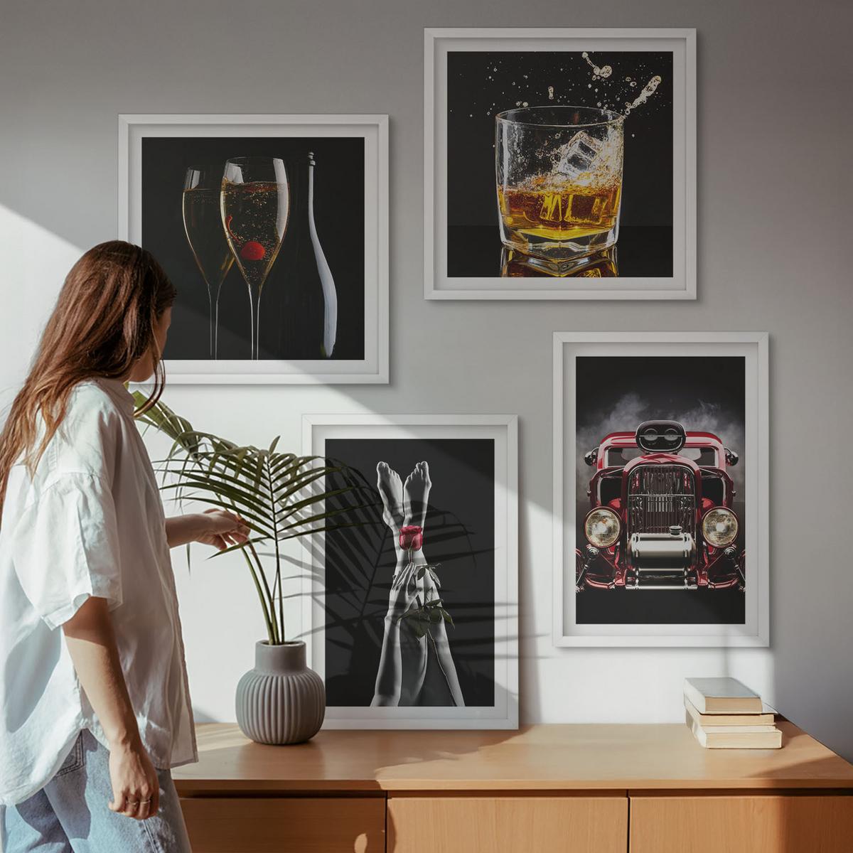 BILDER SET 4er Set - 50x50 cm & 40x60 cm Weißer Rahmen - Frauenbeine Rosenwagen Wein - Weiß, Kunststoff (50/50cm) - TULUP