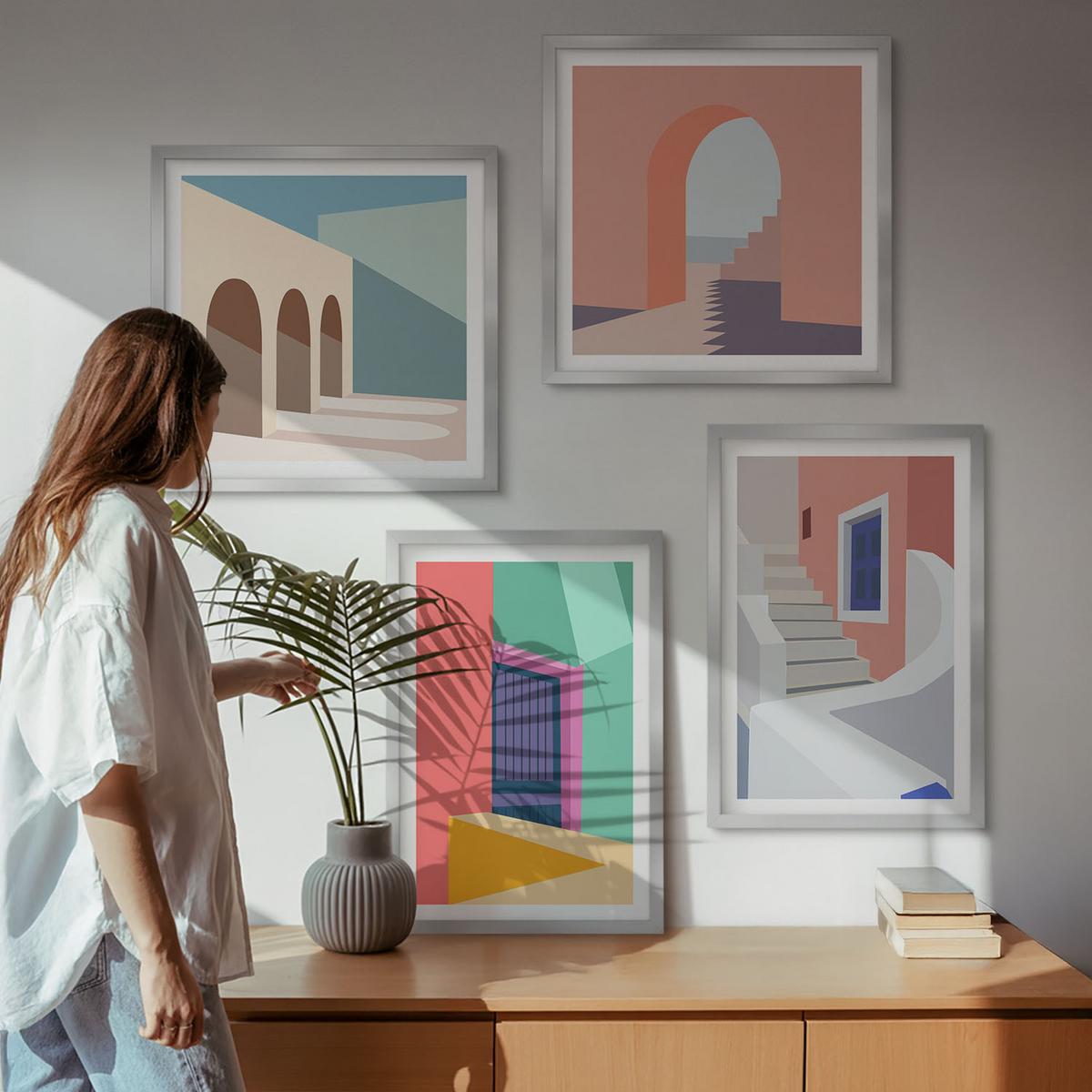 BILDER SET 4er Set - 50x50 cm & 40x60 cm Silberner Rahmen - Farbenfrohe moderne Gebäude - Silberfarben, Kunststoff (50/50cm) - TULUP