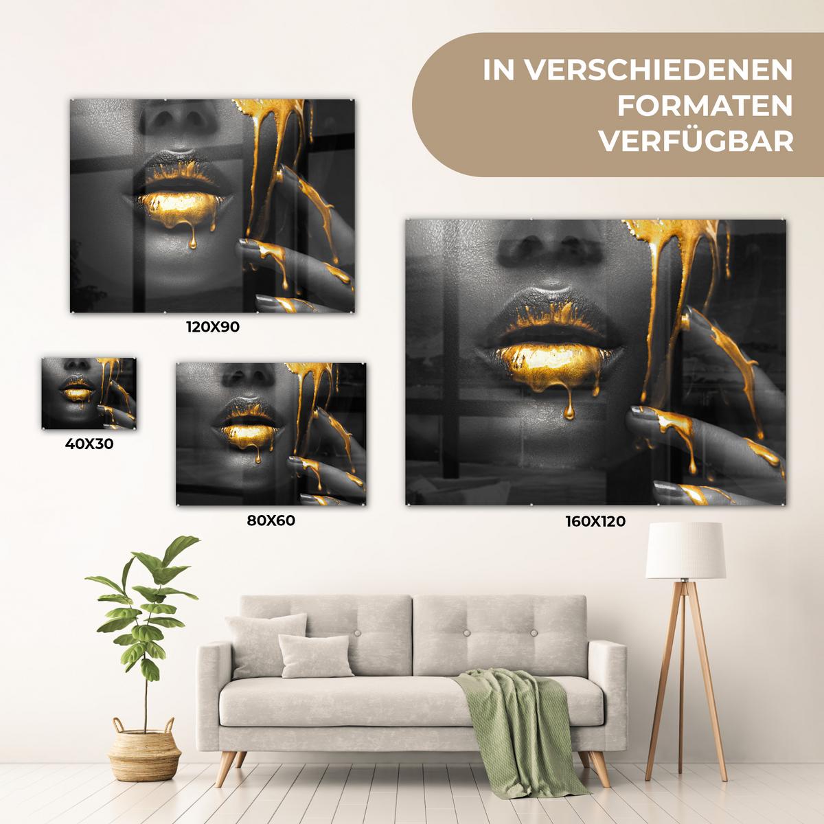 ACRYLGLASBILD Frau - Schwarz - Gold - Gesicht - Lippen 80x60 cm - Goldfarben, Glas (80/60cm) - MuchoWow