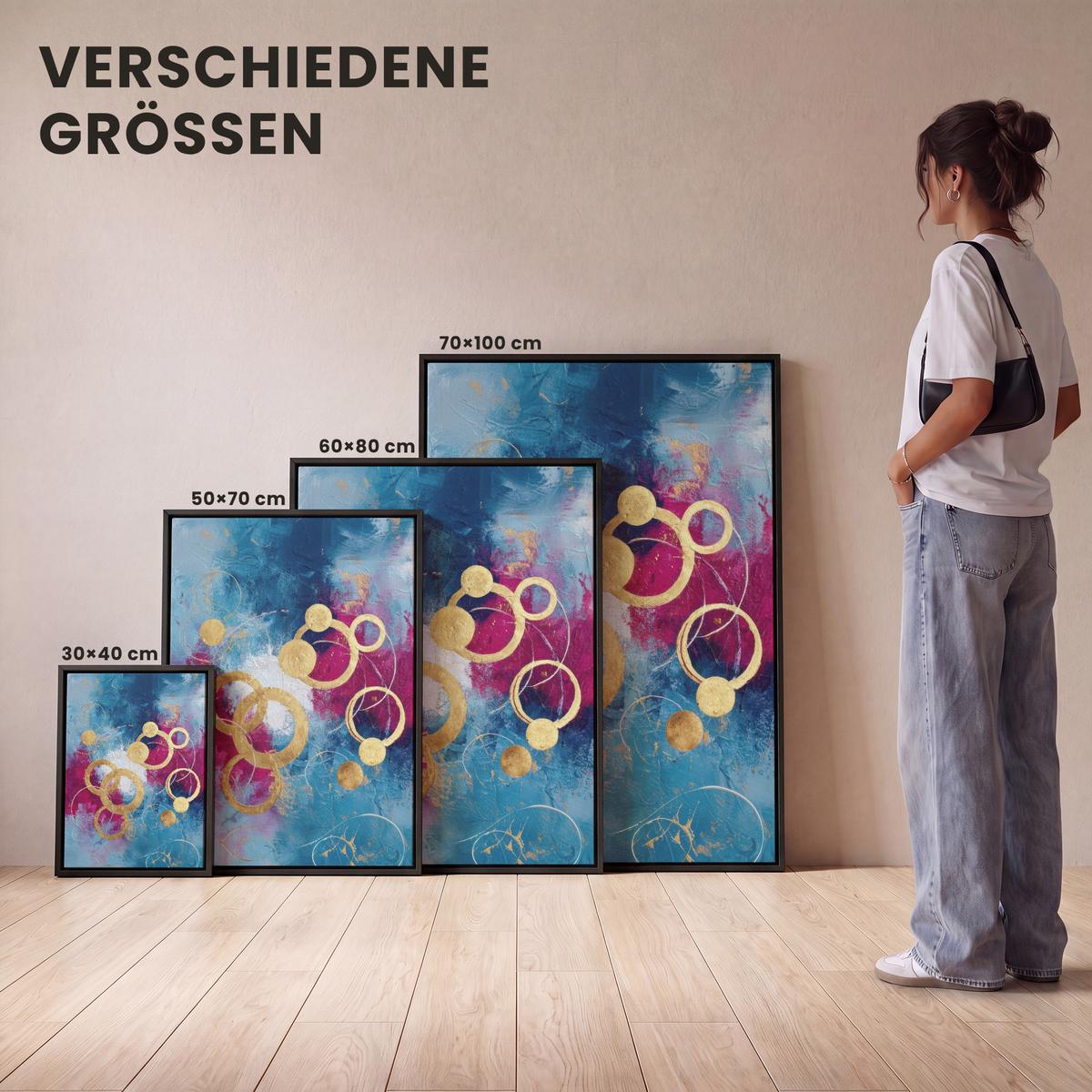 LEINWAND Bilder mit Rahmen - Kreise - Gold - Abstrakt - 60x80 - Blau, Textil (60/80cm) - MuchoWow