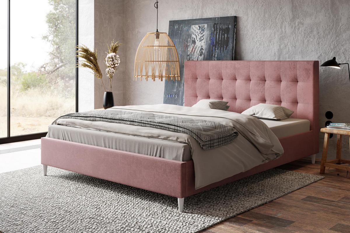 POLSTERBETT LUX Rio mit Kopfteil, 180 x 200 cm, Doppelbett mit Lattenrost aus Holz, Velourstoff Rosa, Füße in Farbe: Weiß - Pink, Holz/Textil (180/200cm) - Alpi-Möbel