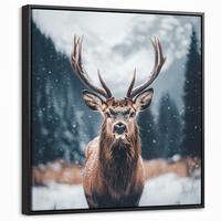 LEINWAND Bilder mit Rahmen - Hirsche - Tiere - Landschaft - Winter - Schnee - 50x50 - Kastanienfarben, Textil (50/50cm) - MuchoWow