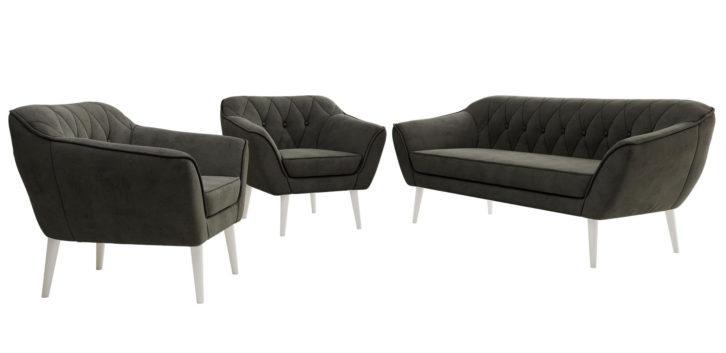 SITZGARNITUR PIRS 3+1+1 - Dunkelgrau Velvet - Weiße Beine - Dunkelgrau/Weiß, Holzwerkstoff/Textil (180/75/74cm) - MKS
