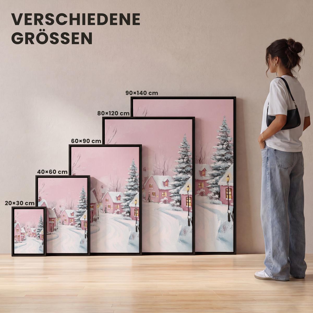 LEINWAND Bilder mit Rahmen - Weihnachtsdorf - Rosa - Winter - Schnee - Häuser - 90x140 - Altrosa, Textil (90/140cm) - MuchoWow