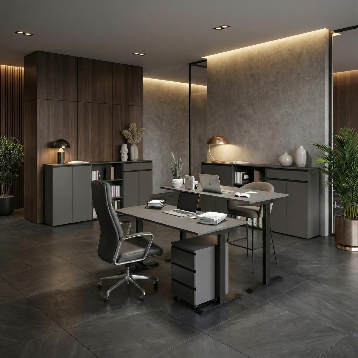BÜROMÖBEL Set 2-teilig | Schreibtisch 140x80cm & Rollcontainer Graphit | Einstellbar 68-91 cm & Soft-Close - Schwarz, Holzwerkstoff/Metall (80/195/91cm) - KADIMA DESIGN