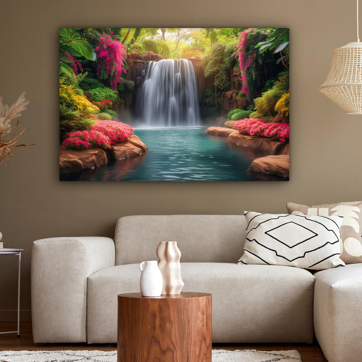 LEINWANDBILD Wasserfall - Natur - Pflanzen - Dschungel - Wasser XXL 150x100 cm - Grün, Textil (150/100cm) - MuchoWow