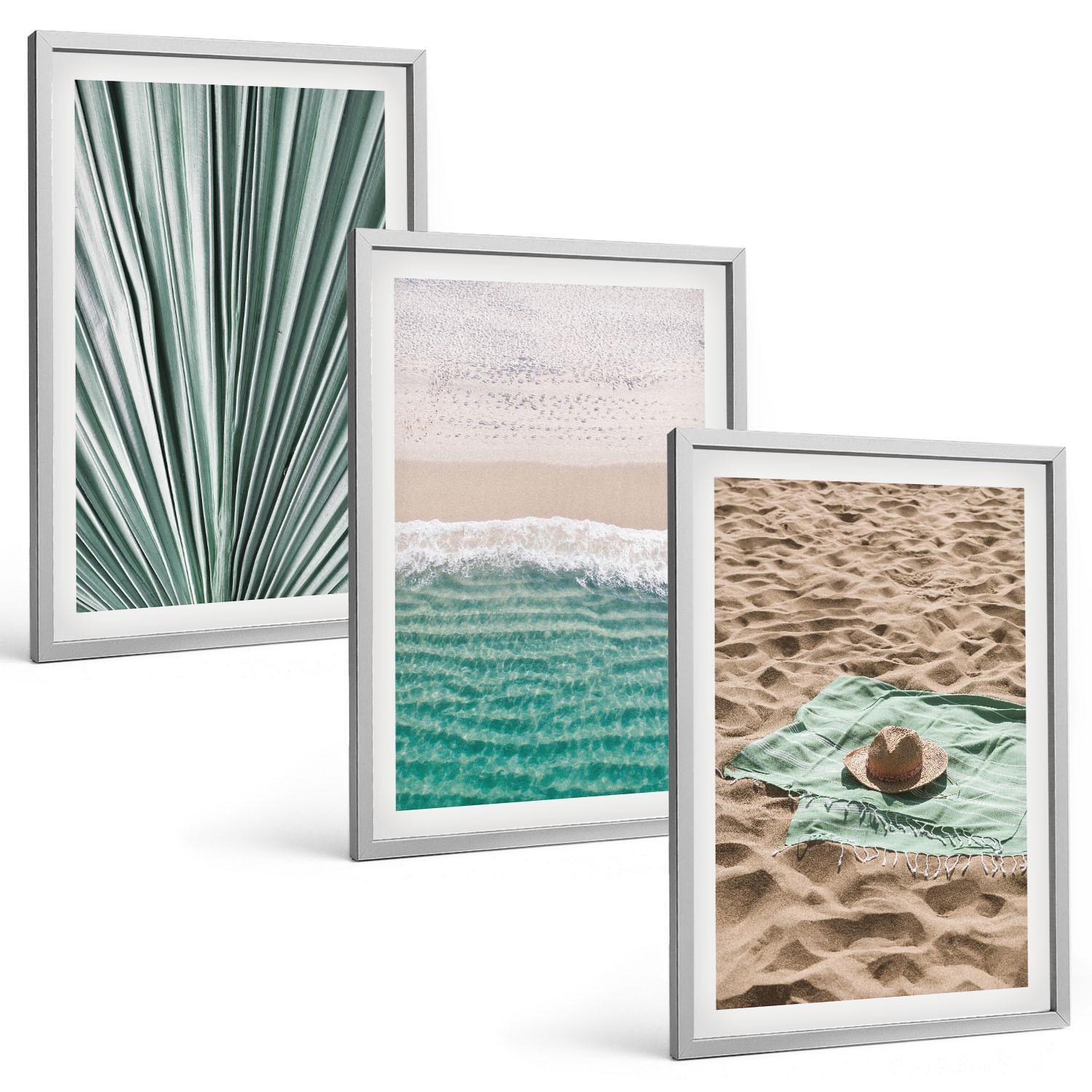 BILDER SET 3er Set - 40x60 cm Silberner Rahmen - Urlaubsblick Strand Meer - Silberfarben, Kunststoff (40/60cm) - TULUP