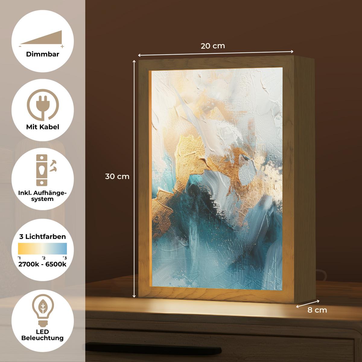 WANDLEUCHTE Abstrakt - Kunst - Gold - Blau 20x30 cm - Türkis, Holzwerkstoff (20/30/8cm) - OnlyWow