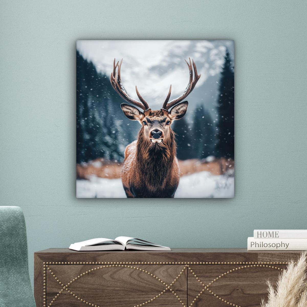 LEINWANDBILD Hirsche - Tiere - Landschaft - Winter - Schnee Wandbild Wohnzimmer 50x50 cm - Kastanienfarben, Textil (50/50cm) - MuchoWow
