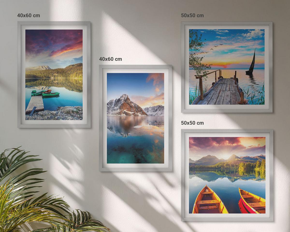 BILDER SET 4er Set - 50x50 cm & 40x60 cm Silberner Rahmen - Seen- und Berglandschaft Łódź - Silberfarben, Kunststoff (50/50cm) - TULUP