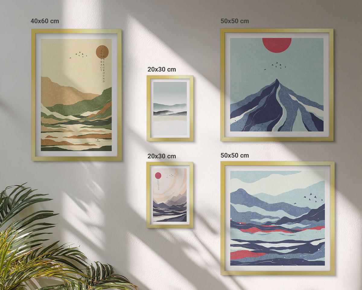 BILDER SET 5er Set - 50x50 cm & 20x30 cm & 40x60 cm Goldrahmen - Berge minimalistische Pastellfarben - Goldfarben, Kunststoff (40/60cm) - TULUP
