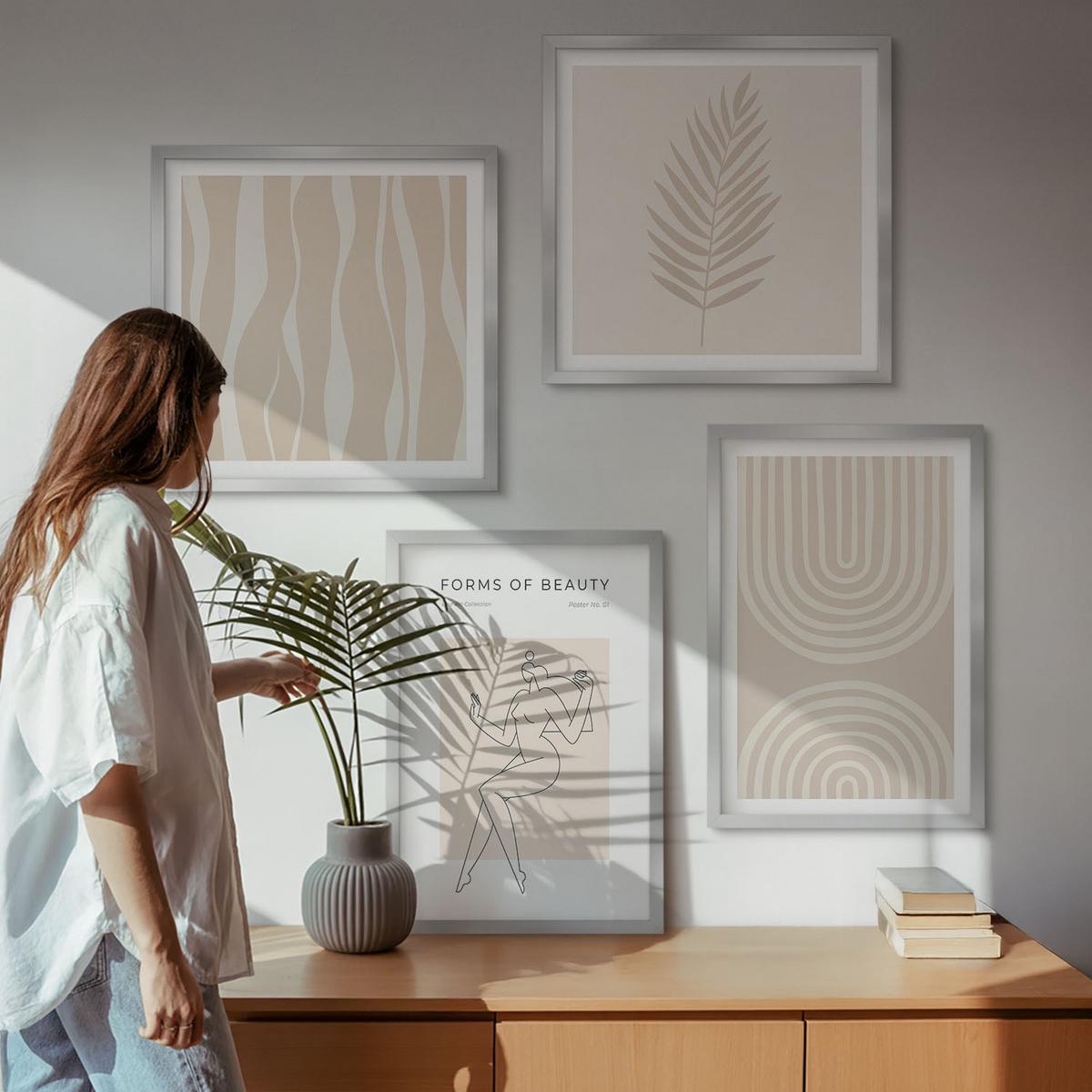 BILDER SET 4er Set - 50x50 cm & 40x60 cm Silberner Rahmen - Abstrakte Boho-Dekorationen - Silberfarben, Kunststoff (50/50cm) - TULUP