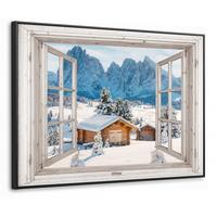 LEINWAND Bilder mit Rahmen - Winterlandschaft - Hütte - Berge - Ausblicke - Aussicht - Natur - 80x60 - Weiß Hochglanz, Textil (80/60cm) - MuchoWow