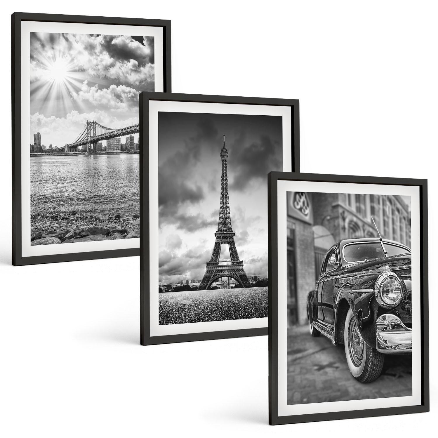 BILDER SET 3er Set - 40x60 cm Schwarzer Rahmen - Stadtansichten, Brücken, Eiffelturm - Schwarz, Kunststoff (40/60cm) - TULUP