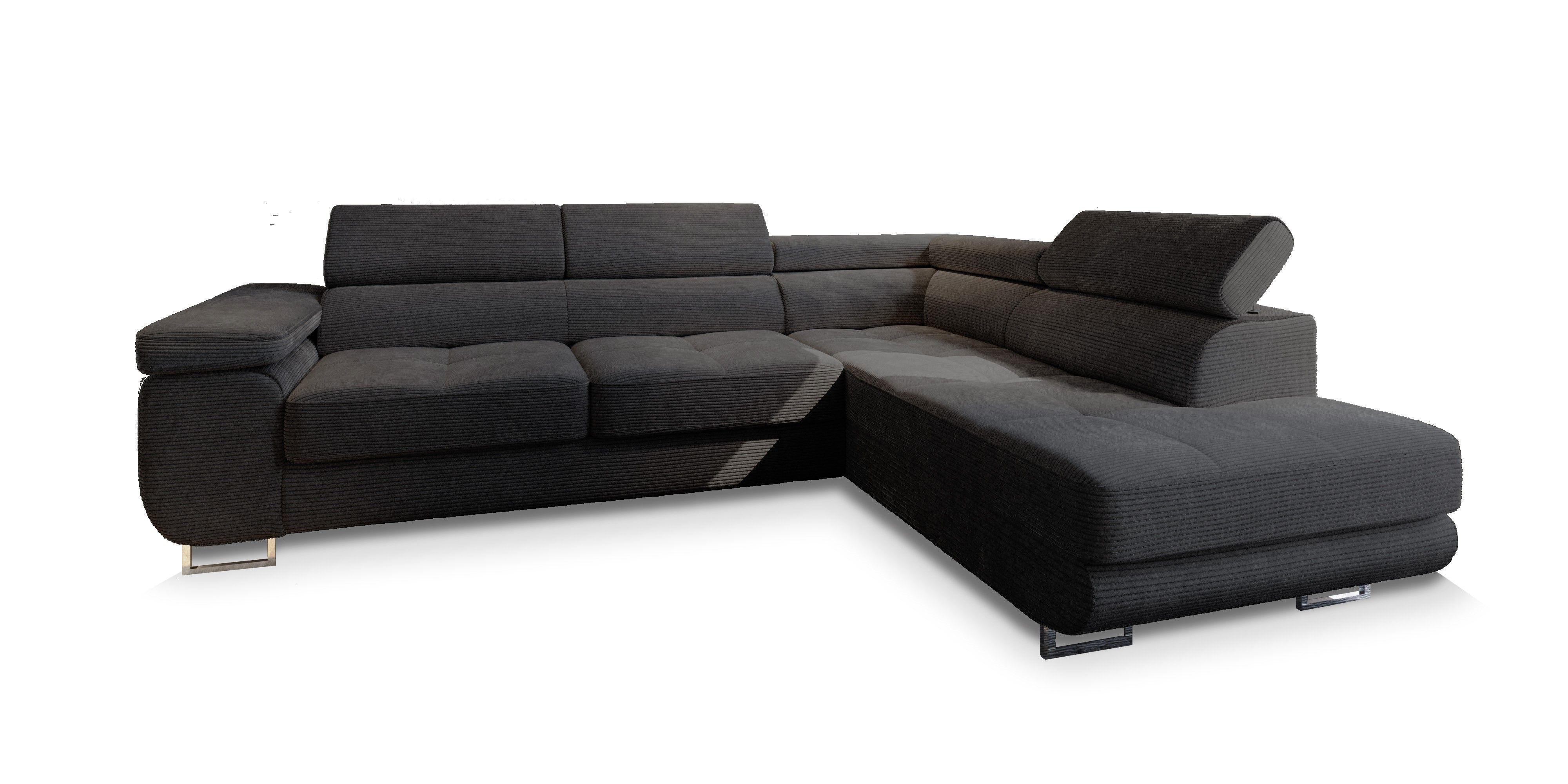 ECKSOFA APIRO R-S Schwarz Kordstoff mit Schlaffunktion - Silberfarben/Schwarz, Holz/Textil (276/202cm) - MASSENO