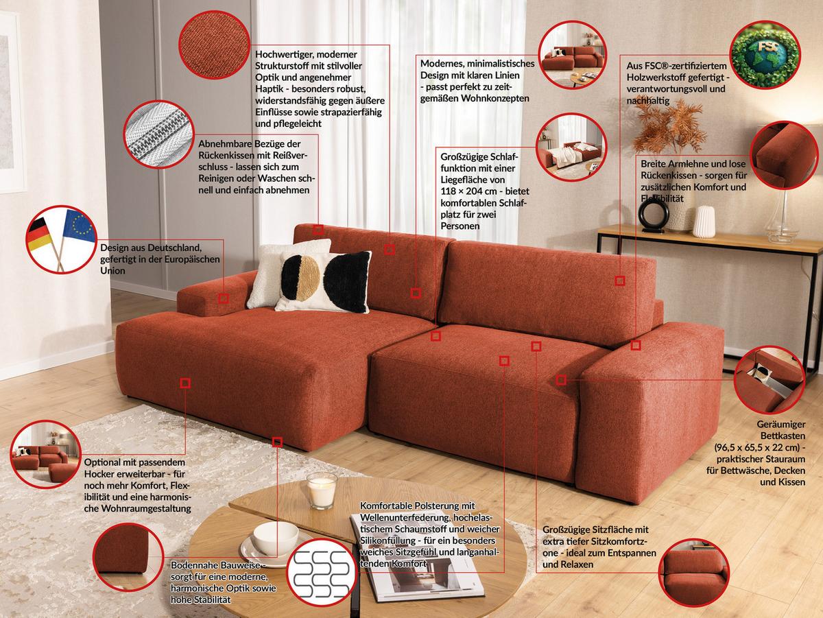 ECKSOFA inkl. Hocker Lennon aus Terrakotta Strukturstoff mit Schlaffunktion und Bettkasten - Terracotta/Schwarz, Holz/Kunststoff (137/264cm) - S-Style