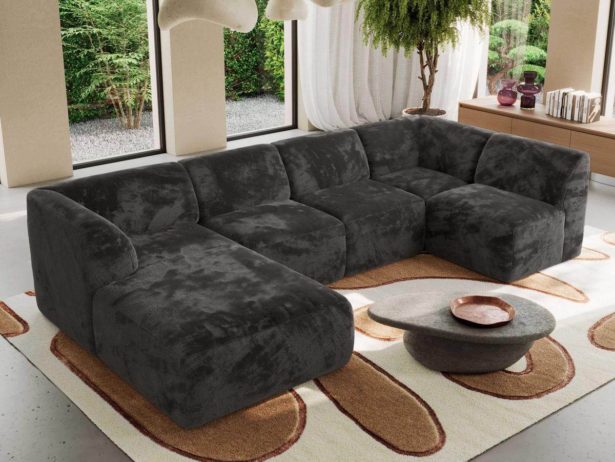 WOHNLANDSCHAFT MODARO U 6M - Dunkelgrau Plüsch - Links - Dunkelgrau/Schwarz, Textil (180/78/345cm) - MKS