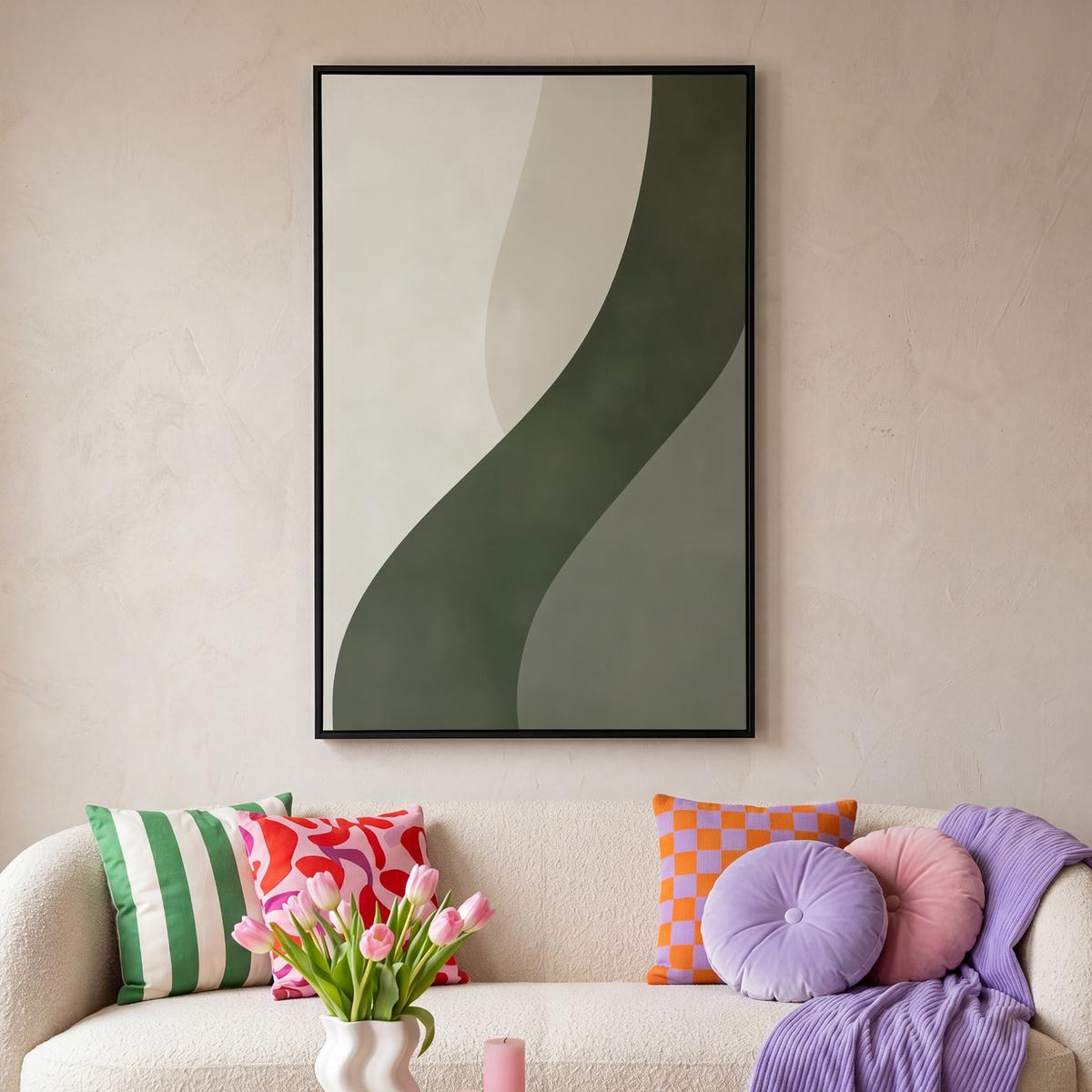 LEINWAND Bilder mit Rahmen - Japandi - Grün - Abstrakt - Modern - 80x120 - Salbeigrün, Textil (80/120cm) - MuchoWow