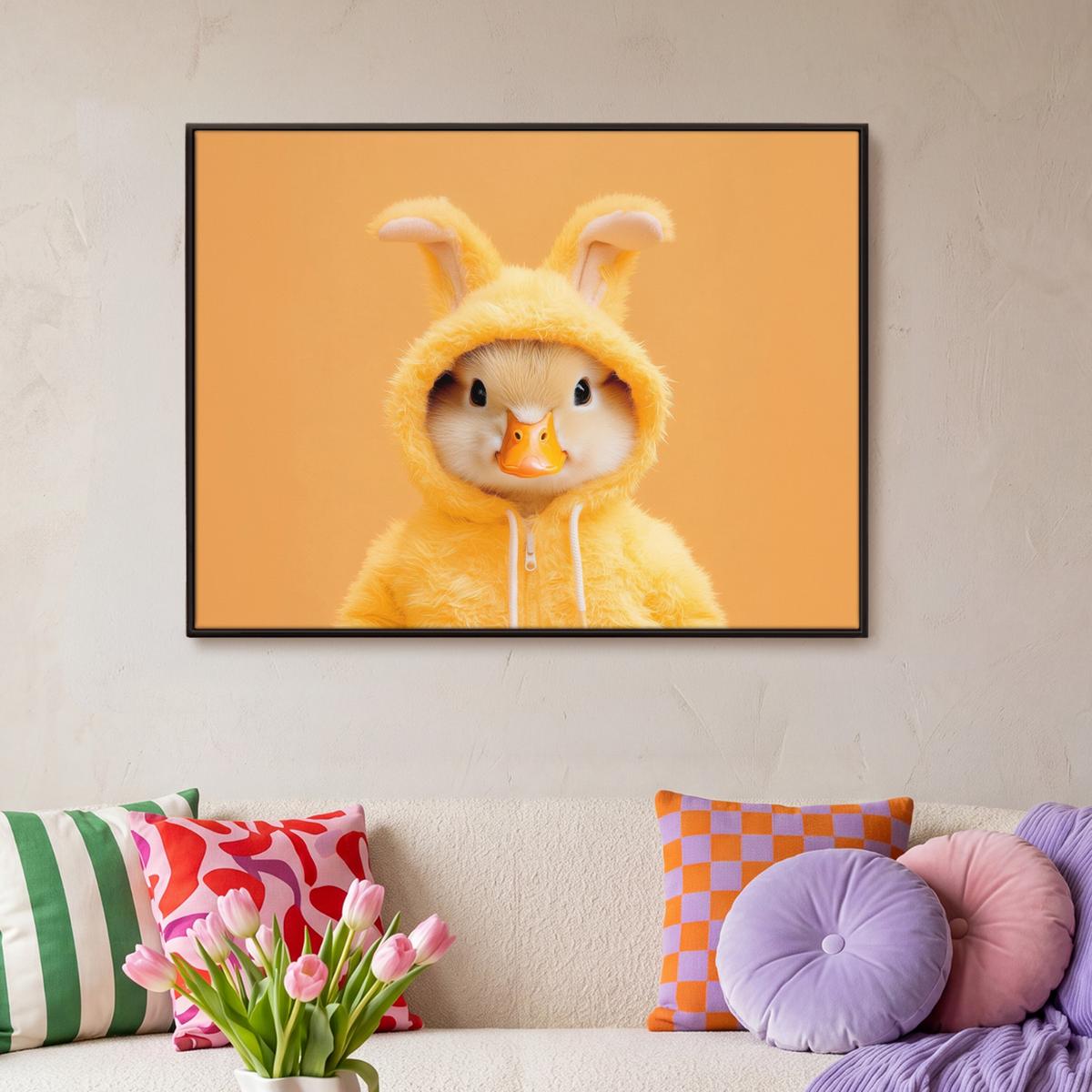 LEINWAND Bilder mit Rahmen - Osterhase - Kostüm - Ente - 100x70 - Gelb, Textil (100/70cm) - MuchoWow
