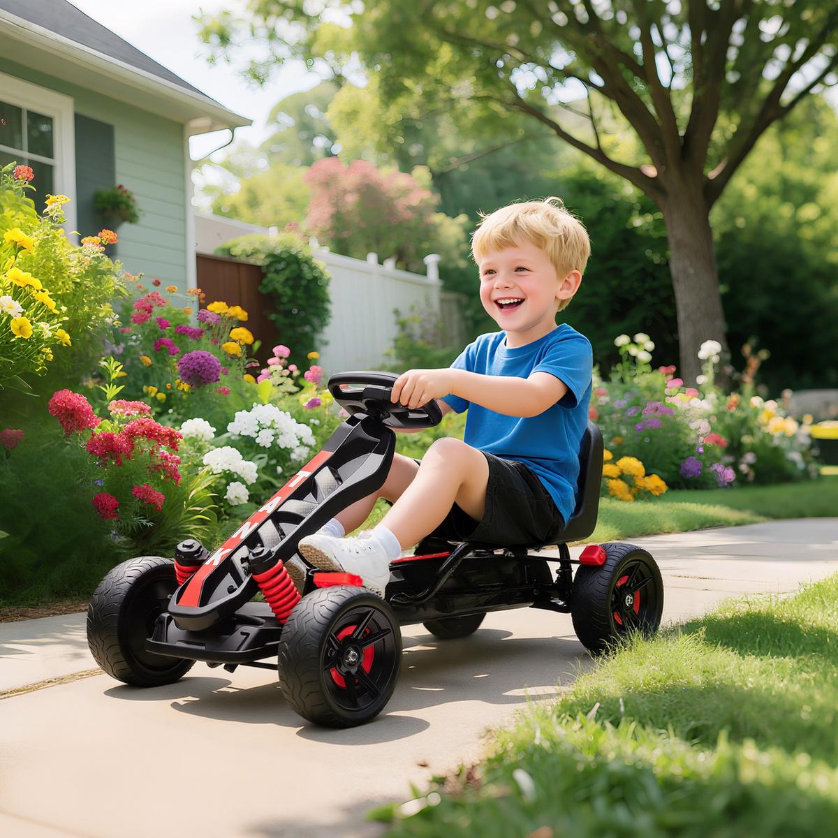 GOKART TRETAUTO mit Handbremse, Automatisches Kupplungssystem, EVA-Räder - Rot, Metall (100/59/60.5cm) - AIYAPLAY