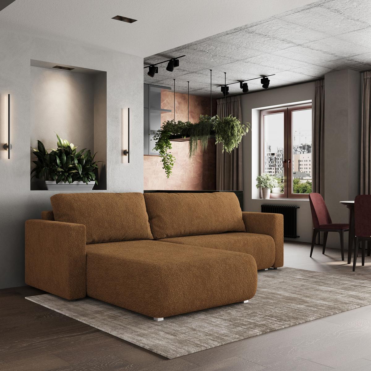 ECKSOFA TURIN N Braun Bucle-Stoff mit Schlaffunktion - Braun/Grau, Holz/Kunststoff (265/183cm) - MASSENO