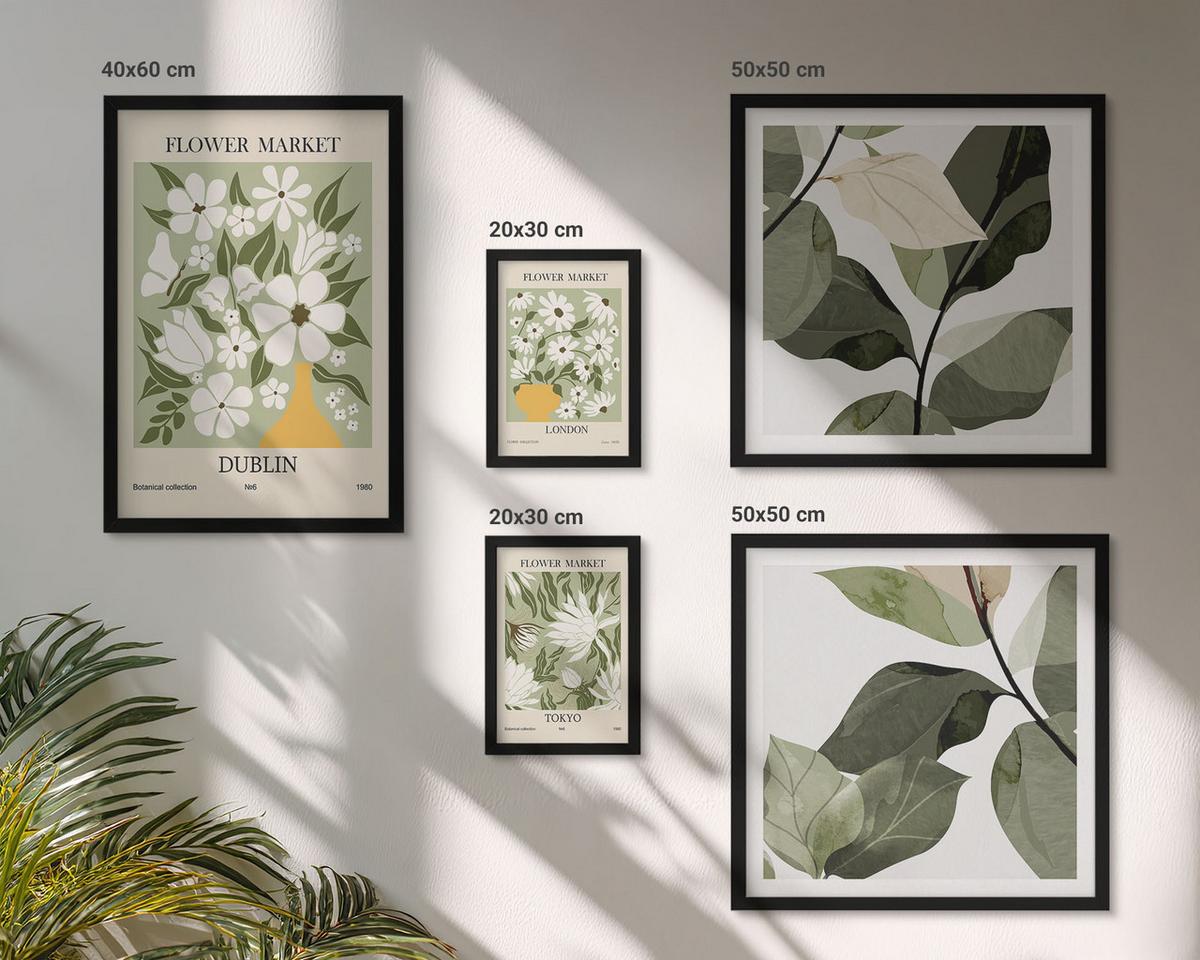 BILDER SET 5er Set - 50x50 cm & 20x30 cm & 40x60 cm Schwarzer Rahmen - Blumenmuster London Dublin - Schwarz, Kunststoff (40/60cm) - TULUP
